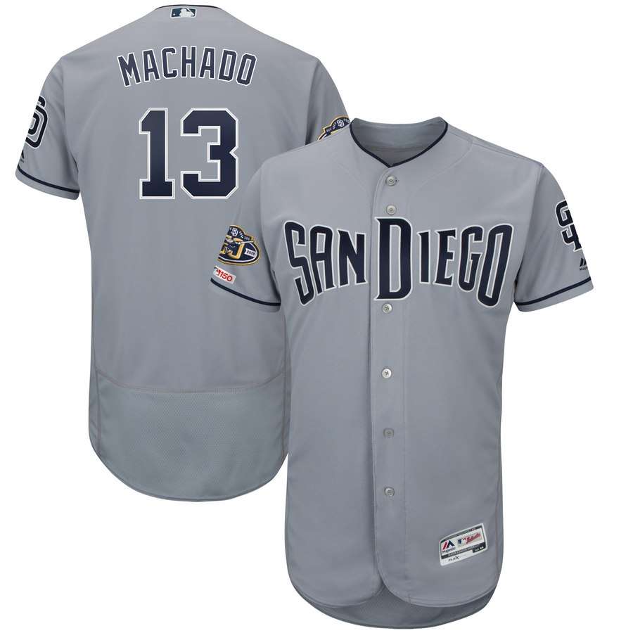 Padres 13 Manny Machado Gray 50th Anniversary and 150th Patch FlexBase Jersey
