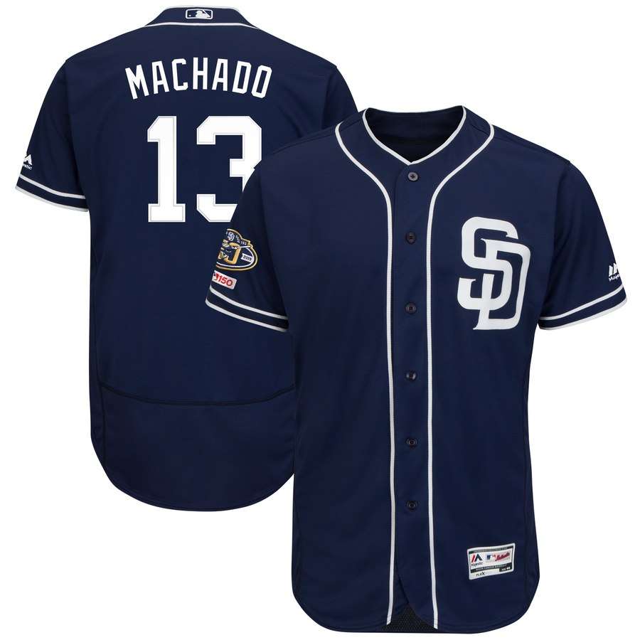 Padres 13 Manny Machado Navy 50th Anniversary and 150th Patch FlexBase Jersey