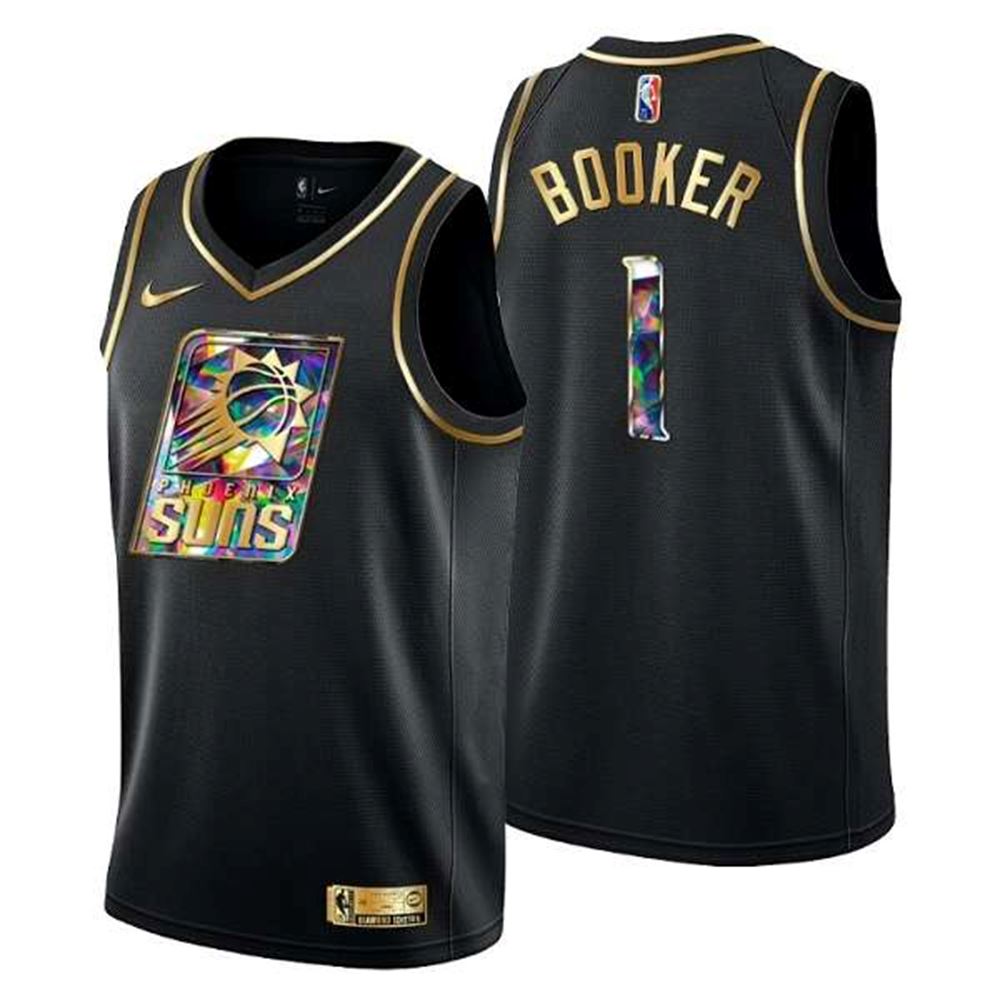 Phoenix Suns #1 Devin Booker 2021 22 Black Golden Edition Diamond Logo Black 75th Anniversary Stitched Basketball Jersey