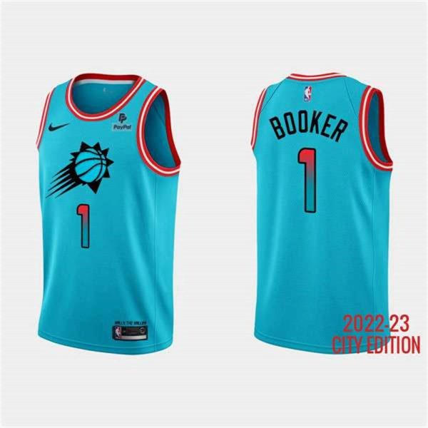 Phoenix Suns 1 Devin Booker Blue 2022 23 City Edition With Black Payple Logo Stitched Basketball Jersey