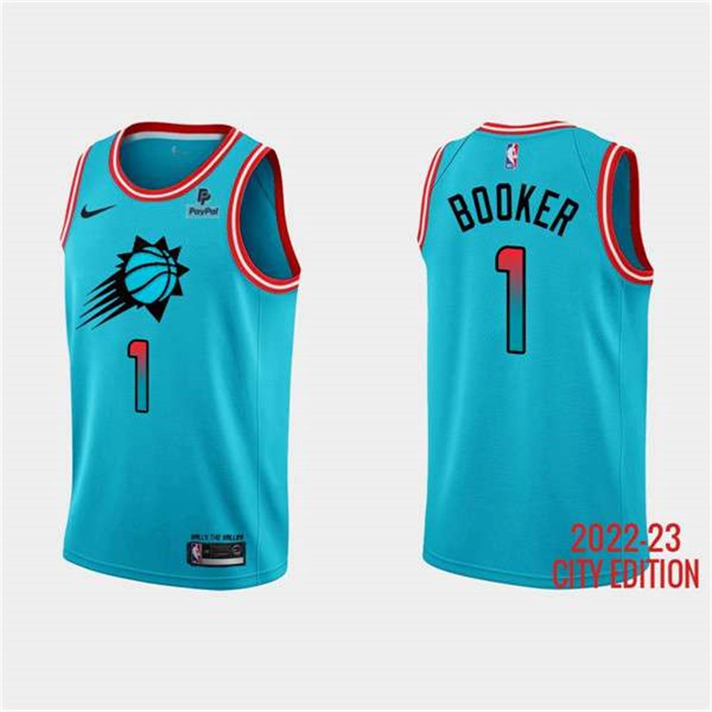 Phoenix Suns #1 Devin Booker Blue 2022 23 City Edition With Black Payple Logo Stitched Basketball Jersey