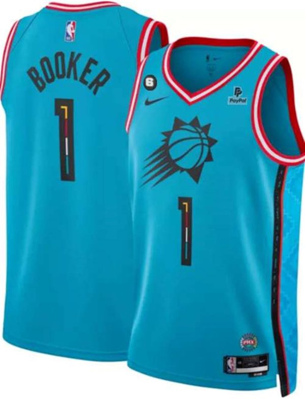 Phoenix Suns 1 Devin Booker Blue 2022 23 City Edition With NO6 And Payple Patch Stitched Basketball Jersey