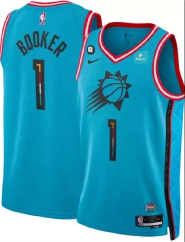 Phoenix Suns 1 Devin Booker Blue 2022 23 City Edition With NO6 Patch Stitched Basketball Jersey