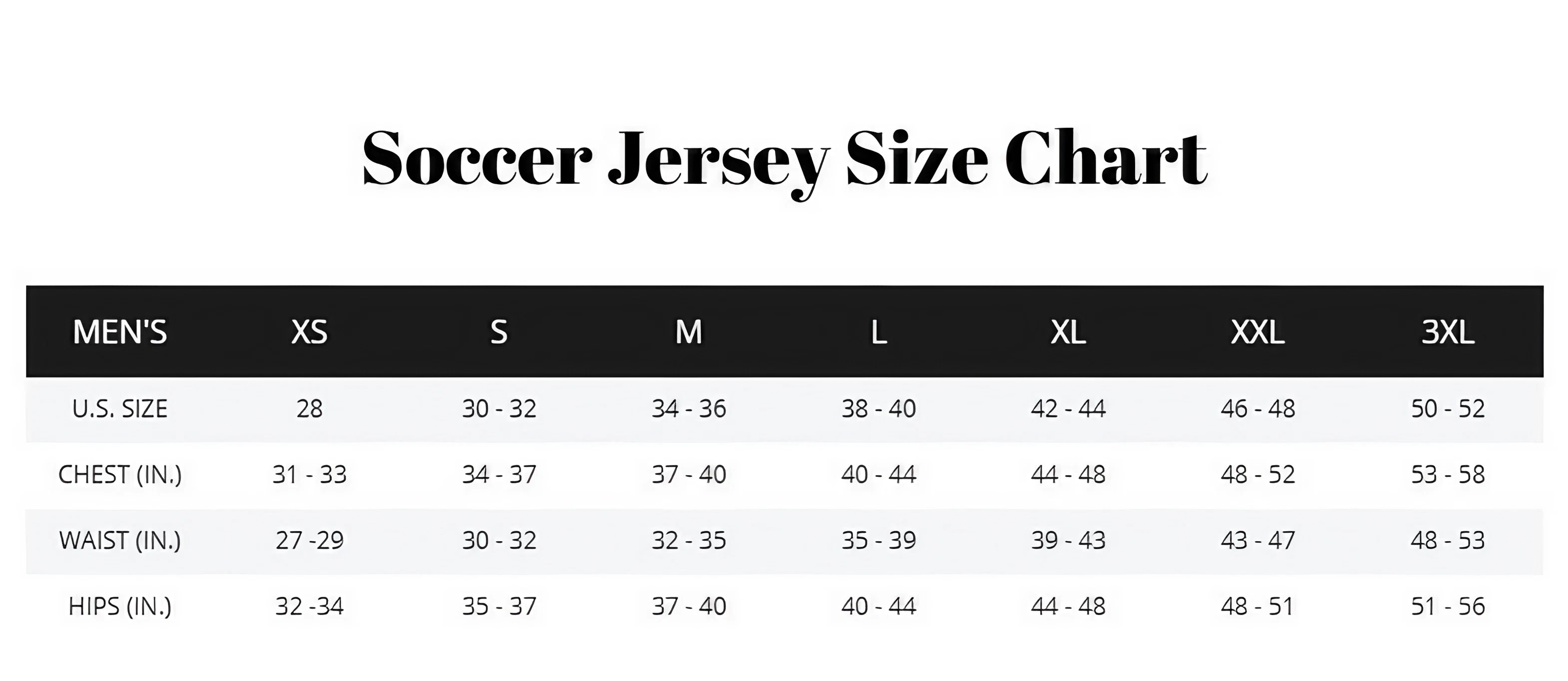 Soccer Jersey Size chart