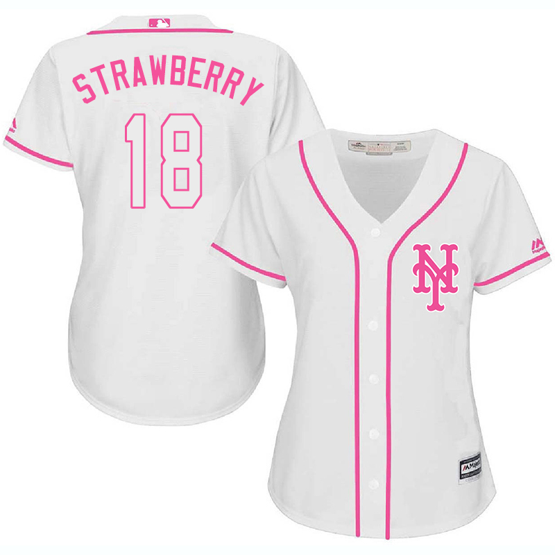 Mets 18 Darryl Strawberry White Pink Women Cool Base Jersey
