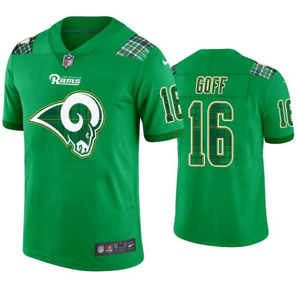 Los Angeles Rams 16 Jared Goff St PatrickS Day Kelly Green Lucky Men 3D Jersey E0JUH