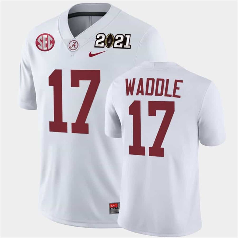 Men Alabama Crimson Tide Jaylen Waddle 2021 National Championship White Playoff Game Jersey