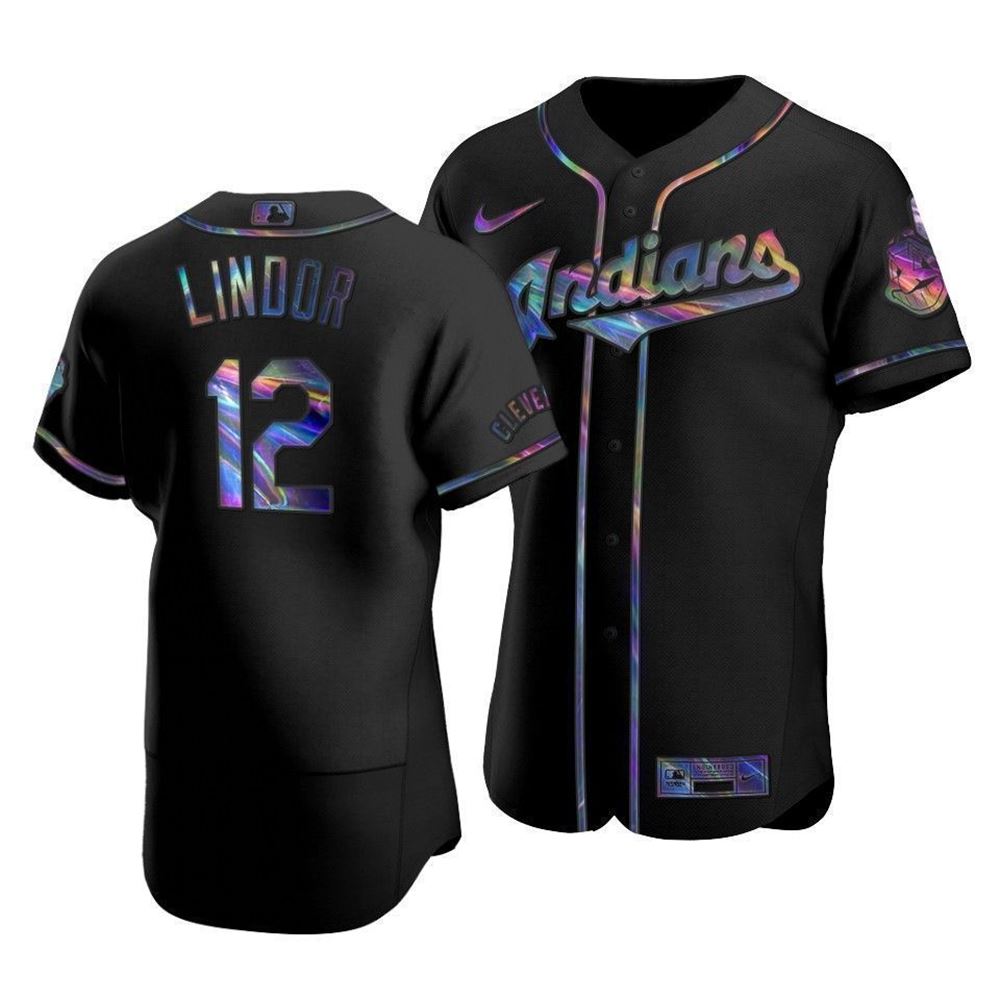 Mens Cleveland Indians Francisco Lindor 12 Iridescent Logo Holographic Limited Authentic Jersey Black