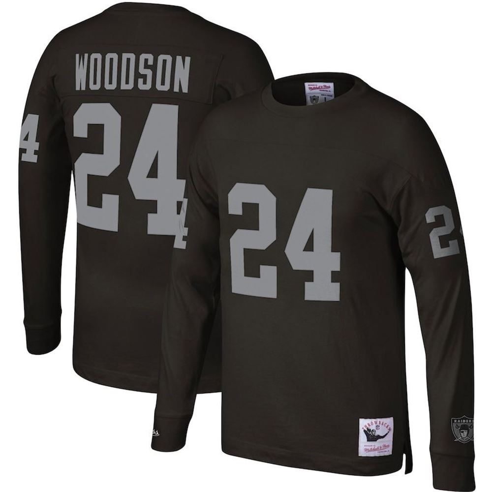 Oakland Raiders Charles Woodson Mitchell Ness Black Throwback Retired Player Name Number Long Sleeve Top Jersey Gifts For Fans