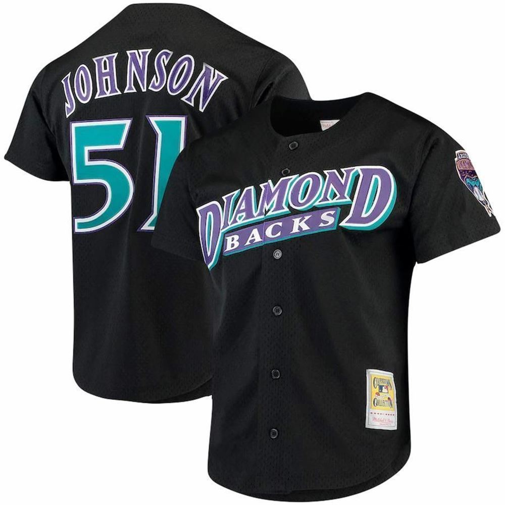 Randy Johnson Arizona Diamondbacks Mitchell And Ness Big And Tall Cooperstown Collection Mesh Button Up Black 3D Jersey