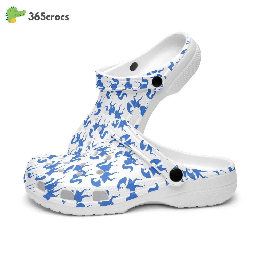 with a retro groovy vibe featuring blue horses motifs crocs clog shoes