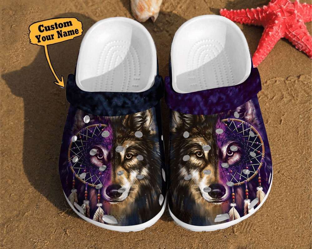 wolf crocs %E2%80%93 wolf art dreamcatcher two face gift for lovers native american clog shoes for men and women