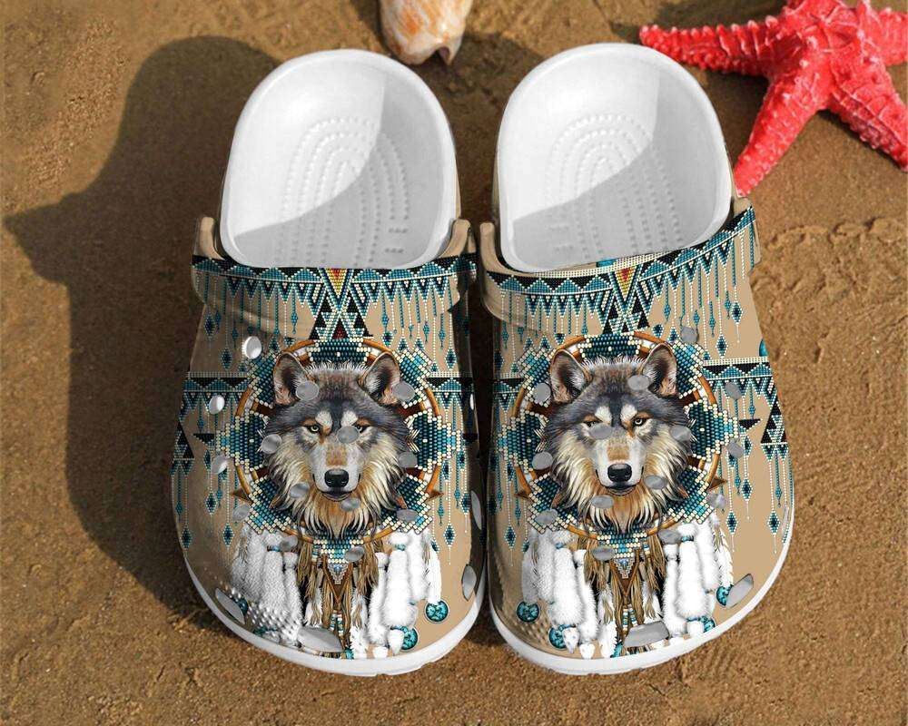 wolf native american dreamcatcher rubber crocs clog shoes comfy footwear