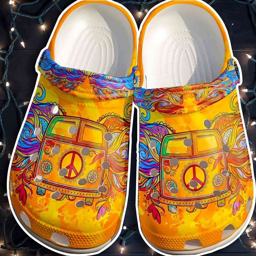 yellow car hippie shoes clogs men women %E2%80%93 peace bus custom shoes clogs gifts for son daughter