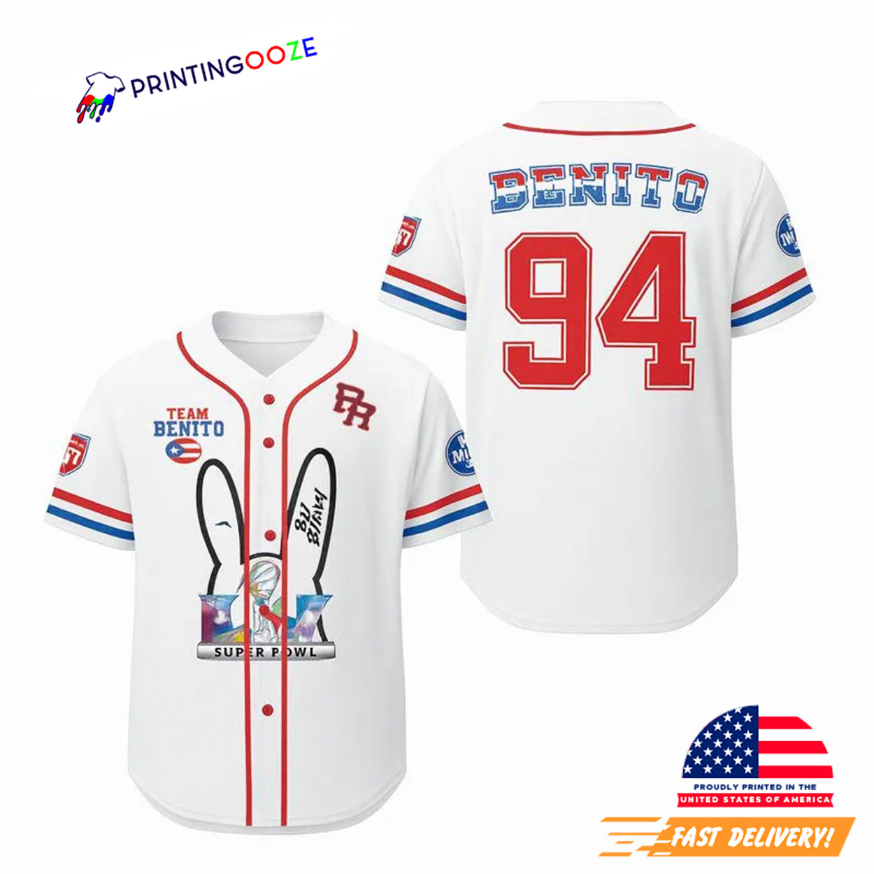 Team Benito Bad Bunny Super Bowl 2026 White Baseball Jersey