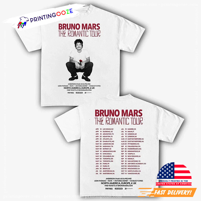 Bruno Mars The Romantic Tour Schedules 2026 2-sided Fan Gift Tee