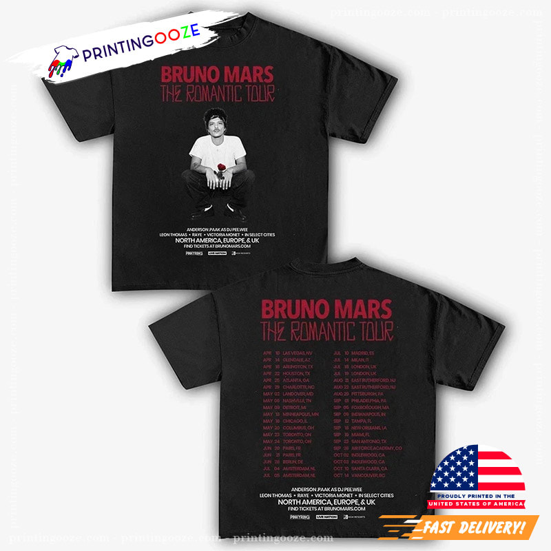 Bruno Mars The Romantic Tour Schedules 2026 2-sided Fan Gift Tee