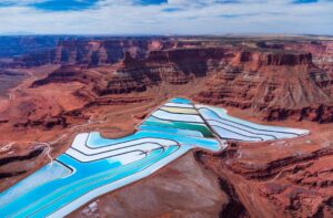 Blue potash ponds along the Colorado River near Moab Utah viewed from above