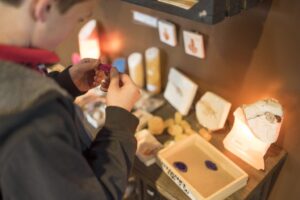 Child examining fossil samples at Moab Giants museum