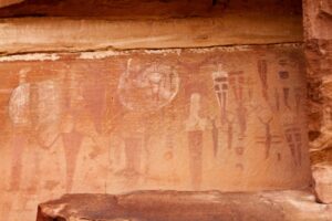 Courthouse Wash pictograph panel with shield figures near Moab
