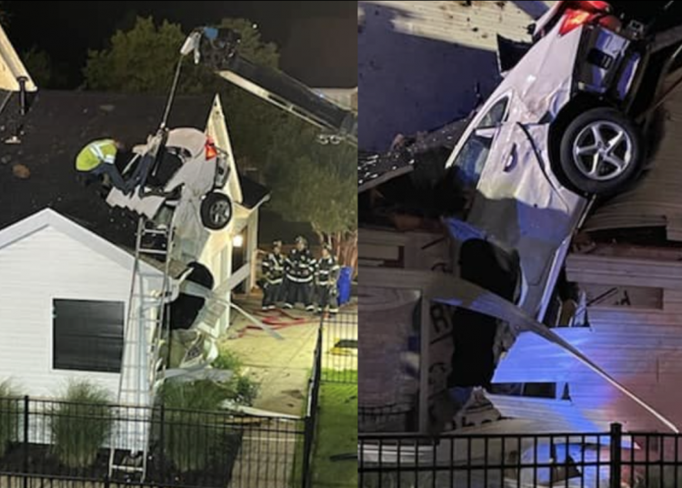 car crashes through roof