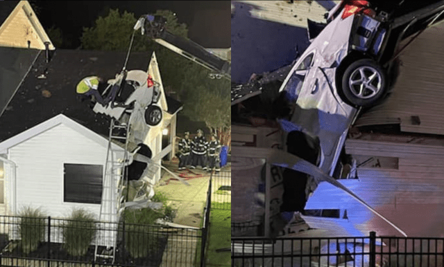 car crashes through roof