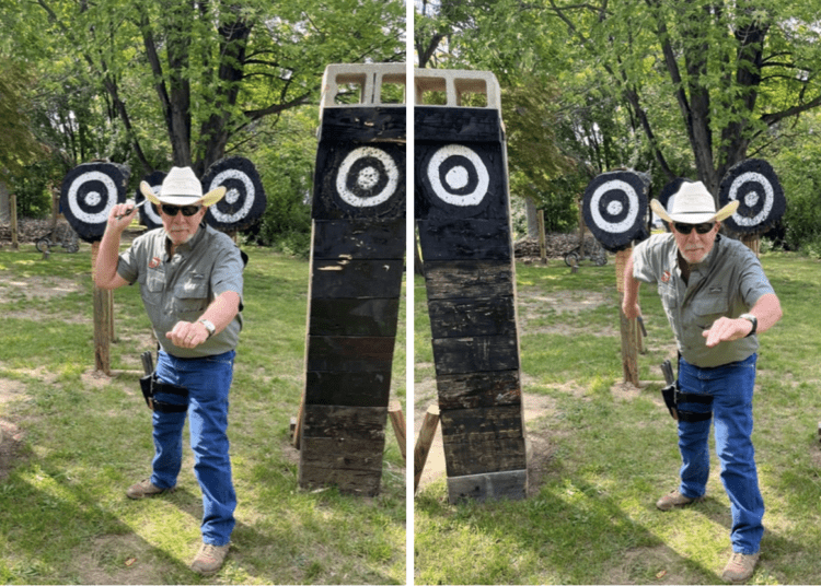 Author Ron Martinelli demonstrates overhand (left image) and underhanded (right image) master grips on a throwing knife.