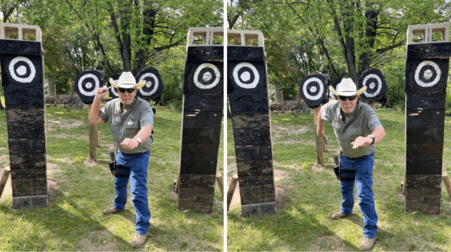 Author Ron Martinelli demonstrates overhand (left image) and underhanded (right image) master grips on a throwing knife.