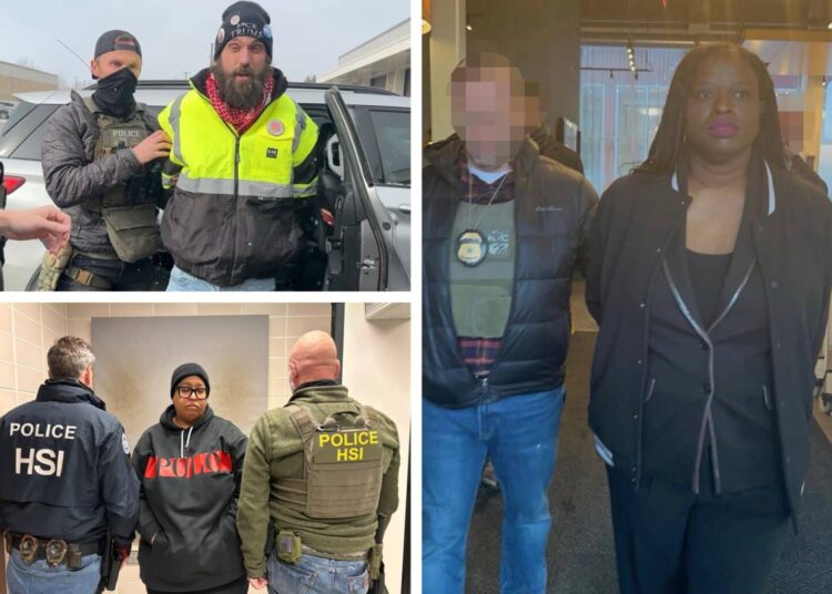 Top left: William Kelly arrest; Bottom left: Chauntyll Allen arrest; Right: Nekima Levy Armstrong arrest (Kristi Noem/Department of Homeland Security)