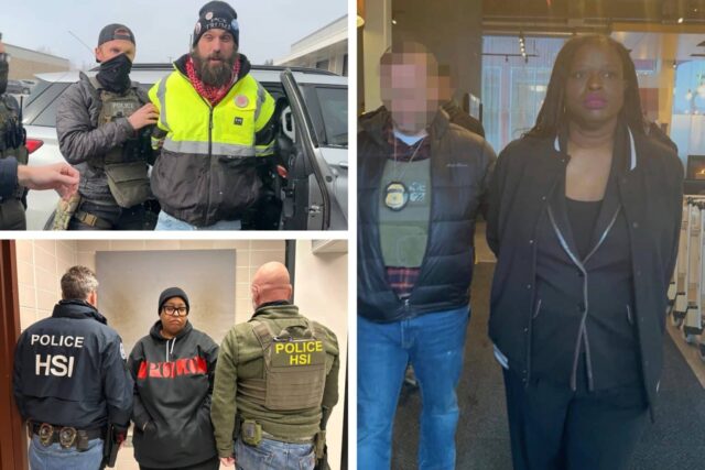Top left: William Kelly arrest; Bottom left: Chauntyll Allen arrest; Right: Nekima Levy Armstrong arrest (Kristi Noem/Department of Homeland Security)
