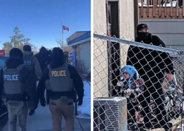 Left: ICE arrests Manjinder Singh in Clearwater, Minnesota. Right: An ICE stands with the son of Adrian Alexander Conejo Arias. (Screenshots/X)