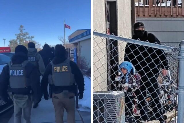 Left: ICE arrests Manjinder Singh in Clearwater, Minnesota. Right: An ICE stands with the son of Adrian Alexander Conejo Arias. (Screenshots/X)