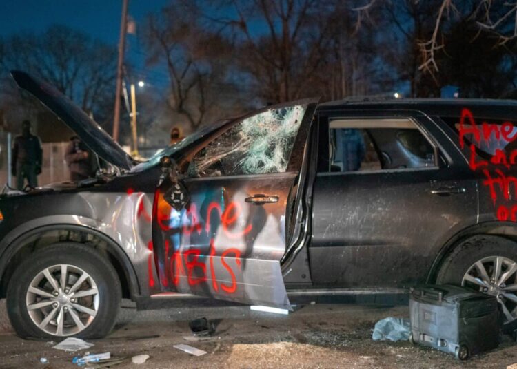 A federal law enforcement vehicle that was destroyed by rioters earlier this month in Minneapolis. (Photo by Chris Birt)