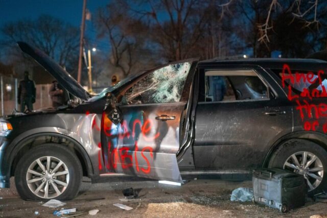 A federal law enforcement vehicle that was destroyed by rioters earlier this month in Minneapolis. (Photo by Chris Birt)