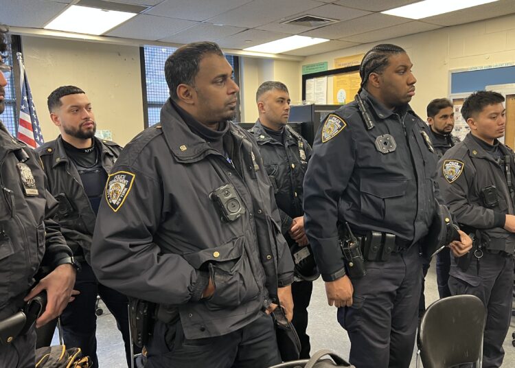 NYPD officers at the 3 p.m. roll call, 94th Precinct, Brooklyn, February 5, 2026, listening attentively to Vincent Bove speak on ethical leadership, resiliency, and suicide prevention.
