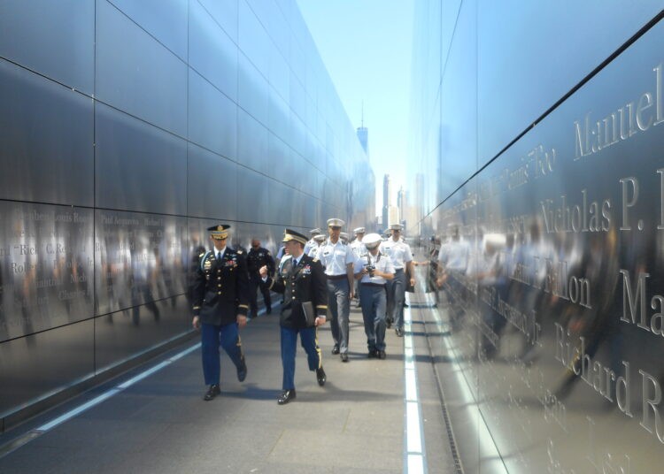 Executive officers from West Point with cadets walking through the 9/11 Memorial in Jersey City after Vincent J. Bove's presentation on ethical leadership, April 14, 2016. ( Vincent J. Bove for RALLC)