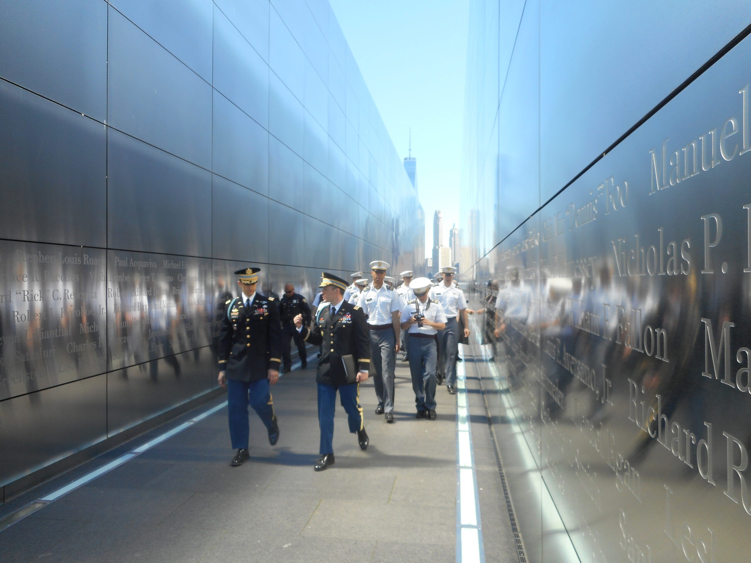 Executive officers from West Point with cadets walking through the 9/11 Memorial in Jersey City after Vincent J. Bove's presentation on ethical leadership, April 14, 2016. ( Vincent J. Bove for RALLC)