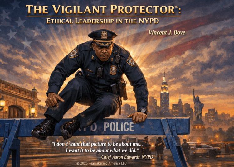 Editorial illustration depicting NYPD Chief Aaron Edwards vaulting a barricade while responding to a dangerous threat in Manhattan—symbolizing the spirit of the Vigilant Protector™ and the decisive courage of those who protect and serve.
(Illustration credit: Vincent J. Bove for Reawakening America LLC)