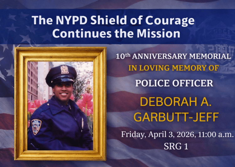 Memorial image of Police Officer Deborah A. Garbutt-Jeff displayed during the tribute ceremony at the NYPD Strategic Response Group facility on Good Friday, April 3, 2026.
(NYPD image / illustration – RALLC)