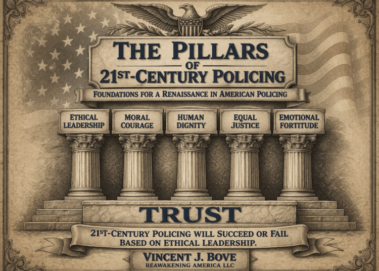 The Pillars of 21st-Century Policing™—Ethical Leadership, Moral Courage, Human Dignity, Equal Justice, and Emotional Fortitude—stand upon the bedrock of trust, forming the foundation for a renaissance in American policing. (Vincent J. Bove for Reawakening America LLC)