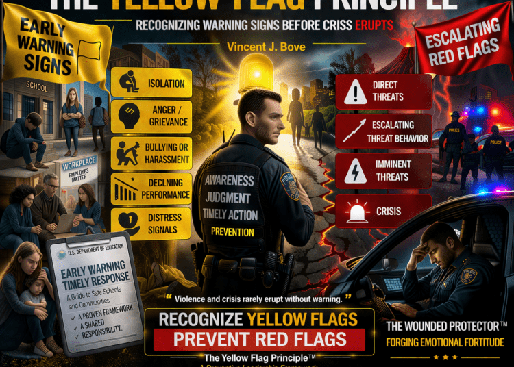 The Yellow Flag Principle™ — A conceptual illustration reflecting the importance of recognizing early warning signs before crisis escalation. (Vincent J. Bove for Reawakening America LLC)