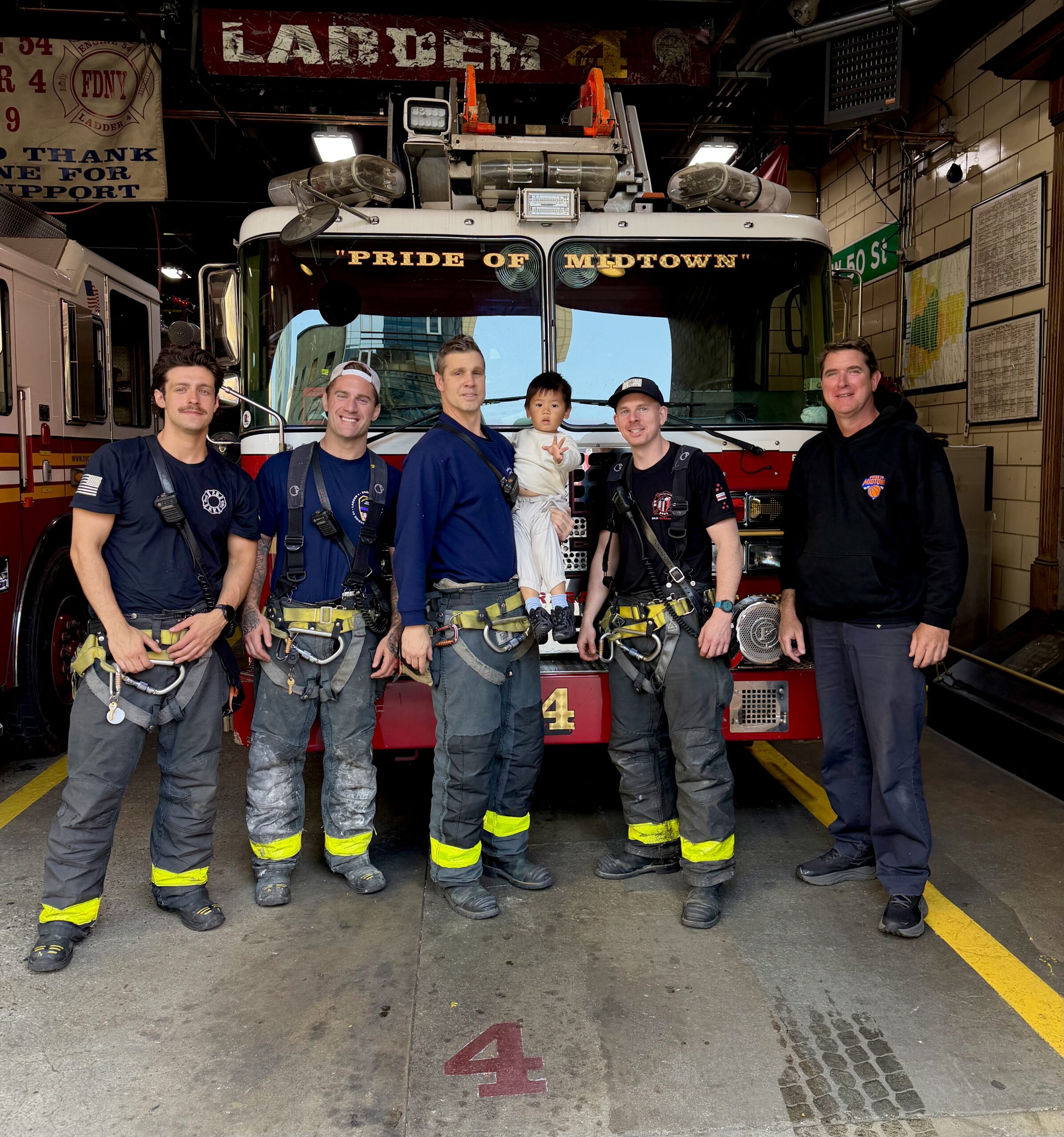 During a family visit to FDNY Ladder 4, “The Pride of Midtown,” Vincent J. Bove’s grandson, Dali, who was visiting from China, is welcomed by members of the firehouse. For Bove, the moment represents the continuing connection between those who gave their lives on September 11, those who serve today, and the generation that will inherit their example.

Photo: Vincent J. Bove for Reawakening America LLC, May 10, 2026.
