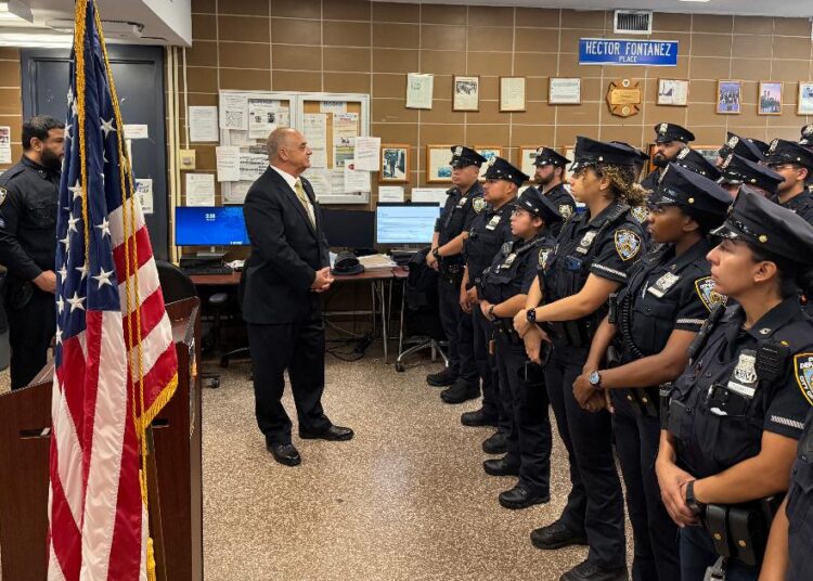 Vincent J. Bove addresses members of the NYPD’s 47th Precinct during a special roll call in the Bronx on August 21, 2026.
Credit: NYPD Officer Ray Bremen for RALLC