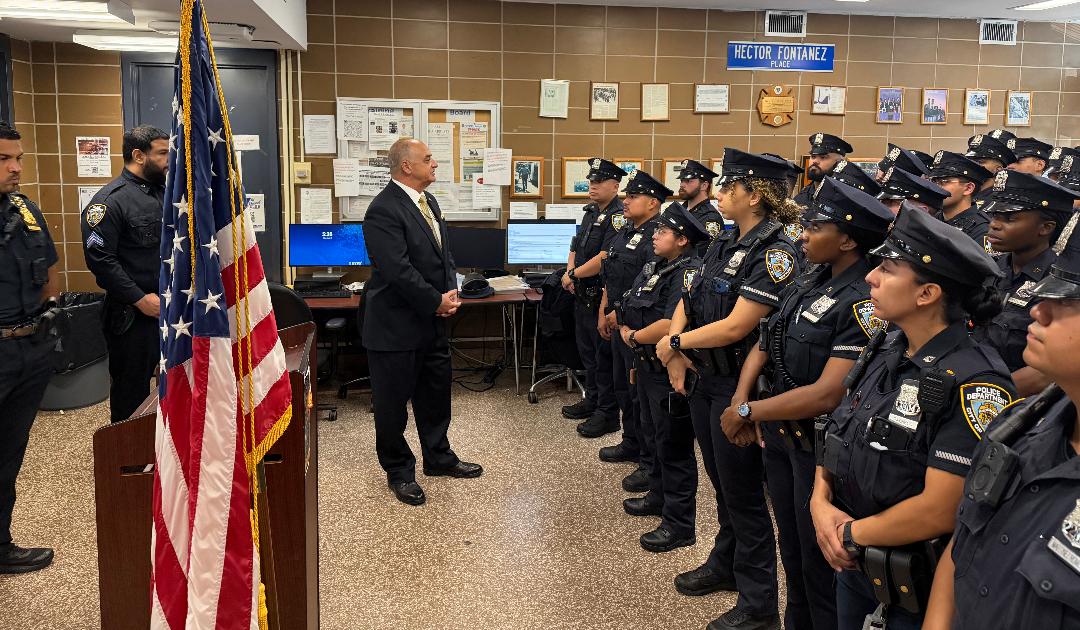 Vincent J. Bove addresses members of the NYPD’s 47th Precinct during a special roll call in the Bronx on August 21, 2026.
Credit: NYPD Officer Ray Bremen for RALLC