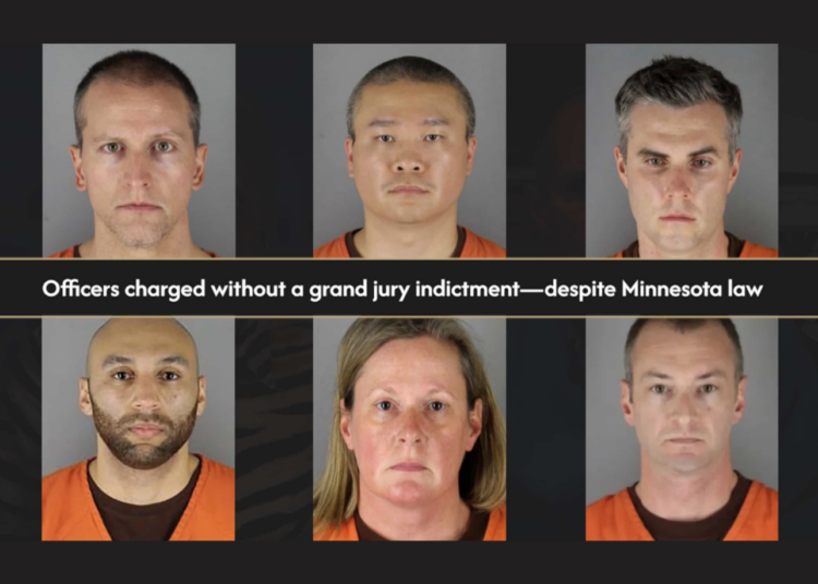 Minnesota officers charged without a grand jury indictment. From top left: Derek Chauvin, Tou Thao, Thomas Lane, Alex Kueng, Kim Potter, and Brian Cummings.