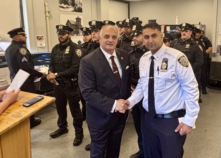 Vincent J. Bove stands with Deputy Inspector Asif Iqbal, Commanding Officer of the NYPD’s 52nd Precinct, following Bove’s roll call remarks on October 7, 2026. The encounter reflects a shared commitment to affirming and supporting the men and women who protect the community.
(Photo courtesy of the NYPD for Reawakening America LLC.)