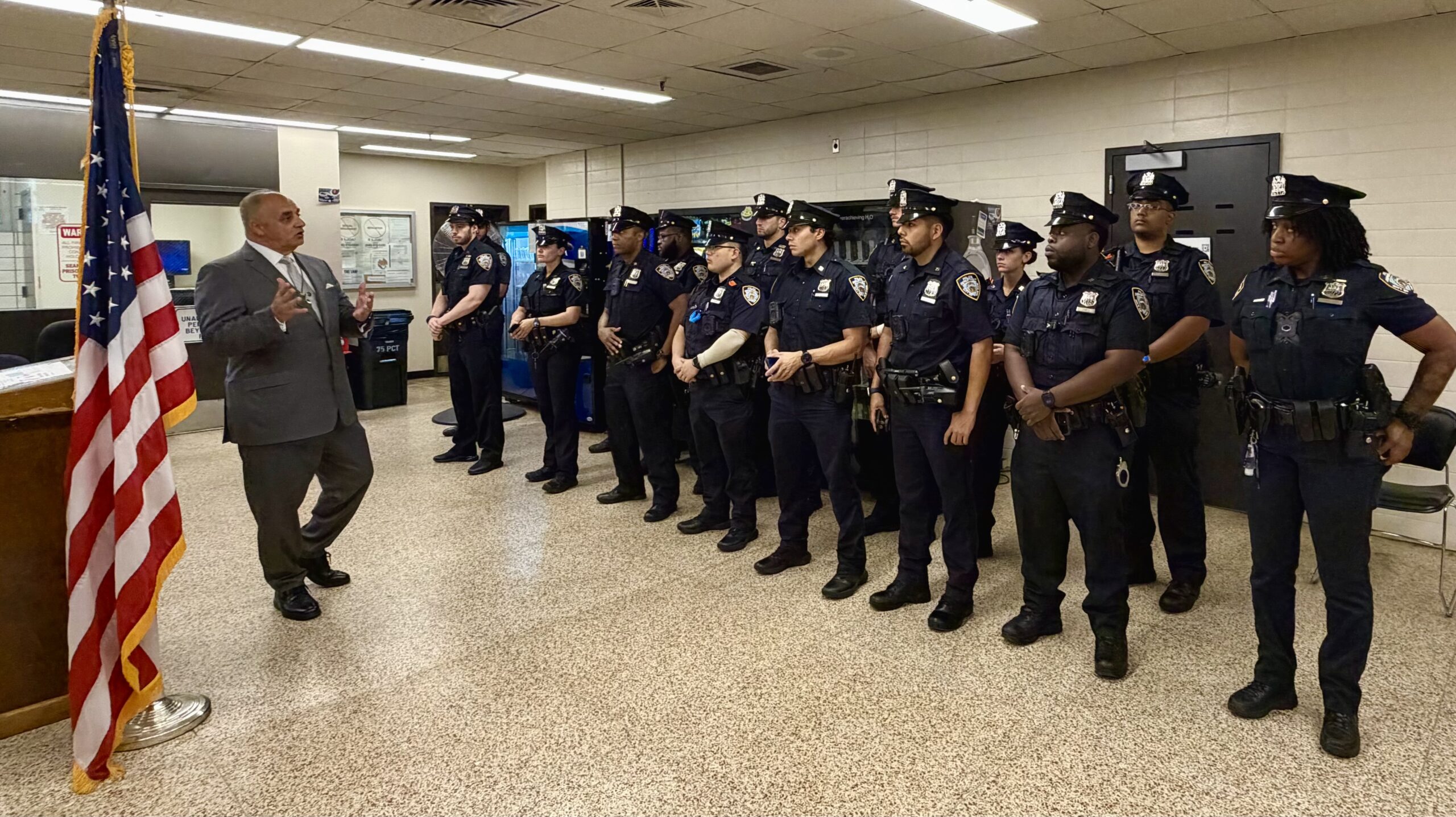 Vincent J. Bove addresses officers during a roll call at the NYPD’s 75th Precinct, reflecting the continuing work of ethical leadership, human encounter, and emotional fortitude.
Credit: NYPD Officer Justin Constable for Reawakening America LLC