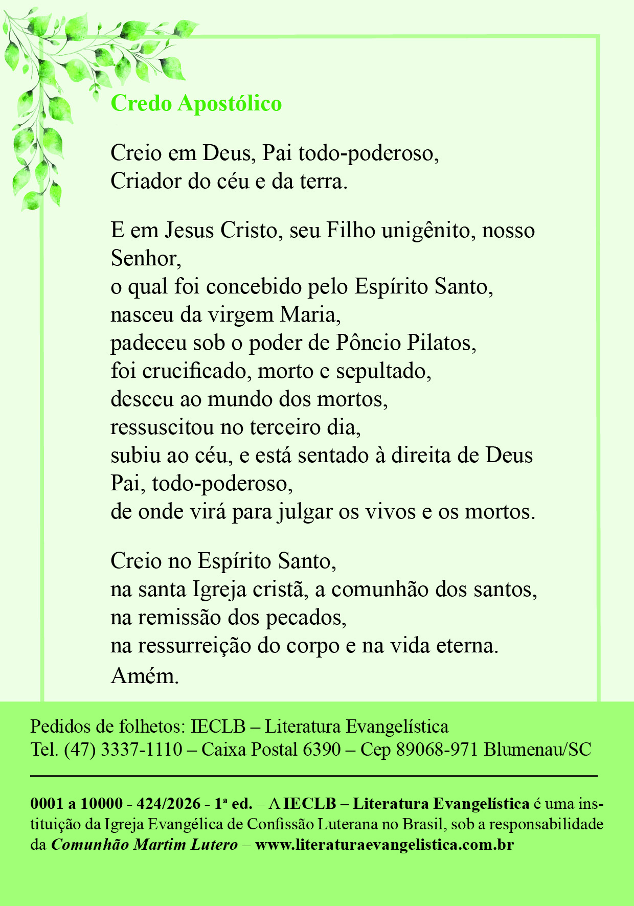 424 - Cartão Pai Nosso e Credo Apostólico Frente Credo Apostólico