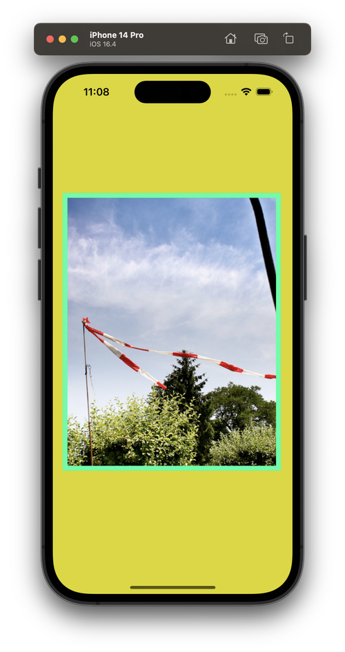 Screenshot of app showing a framed image on yellow background