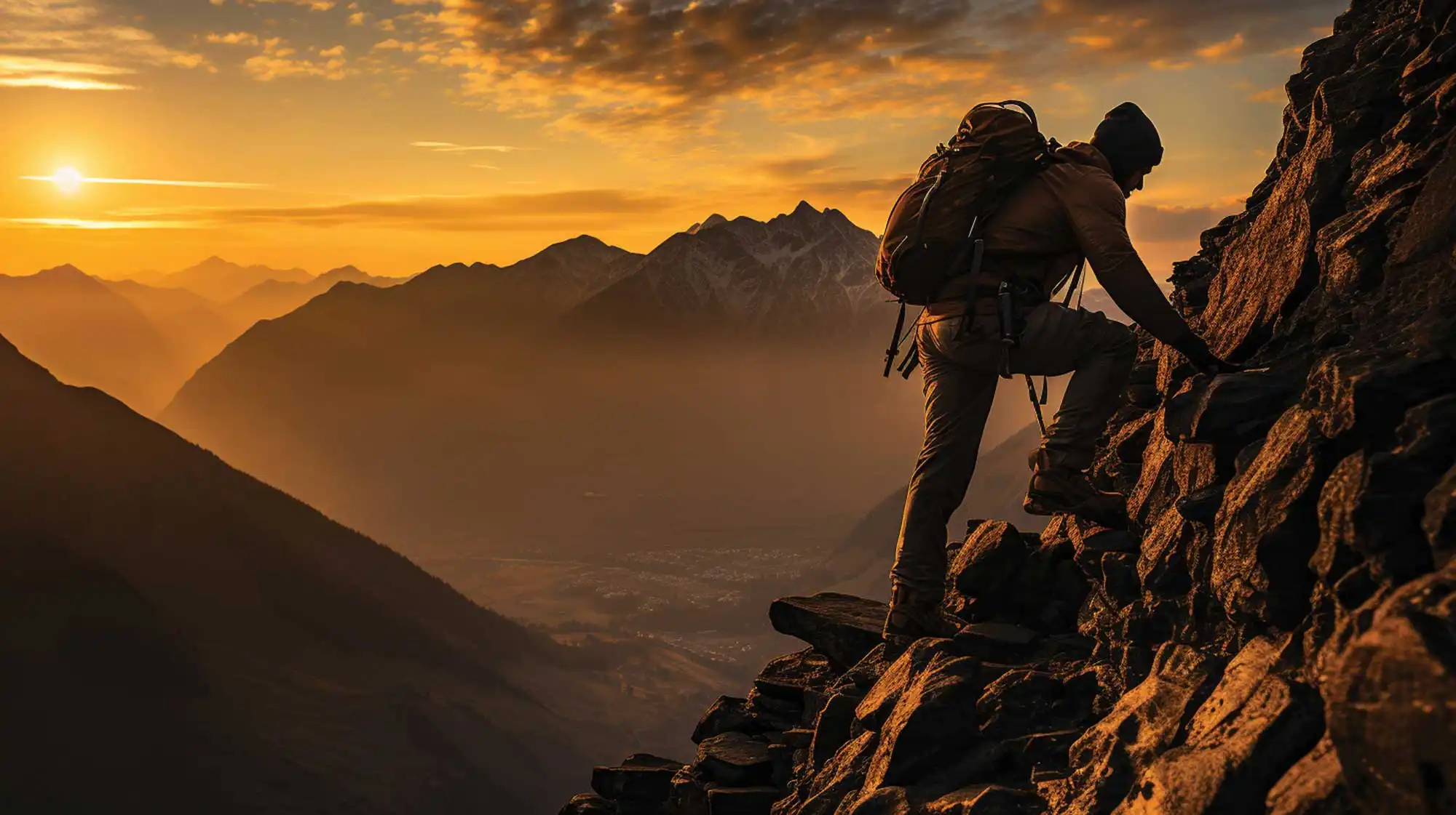 Adventurous hiker ascending a rugged mountain trail at sunset, with the golden sun casting a warm glow over the majestic peaks in the distance.